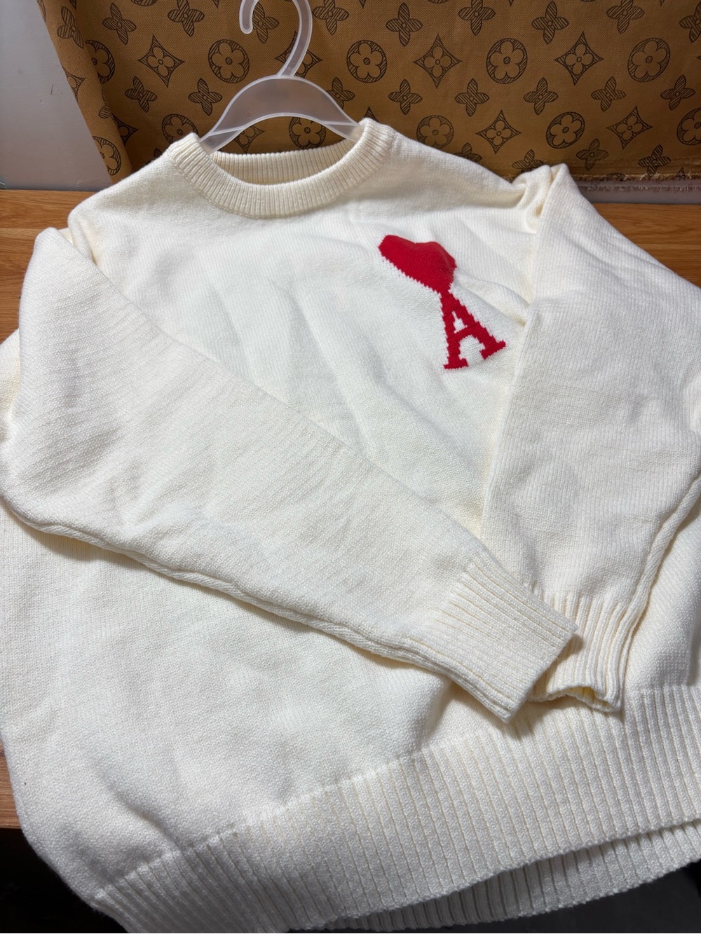Ami Cream Crewneck Sweater with Red Heart & A Motif